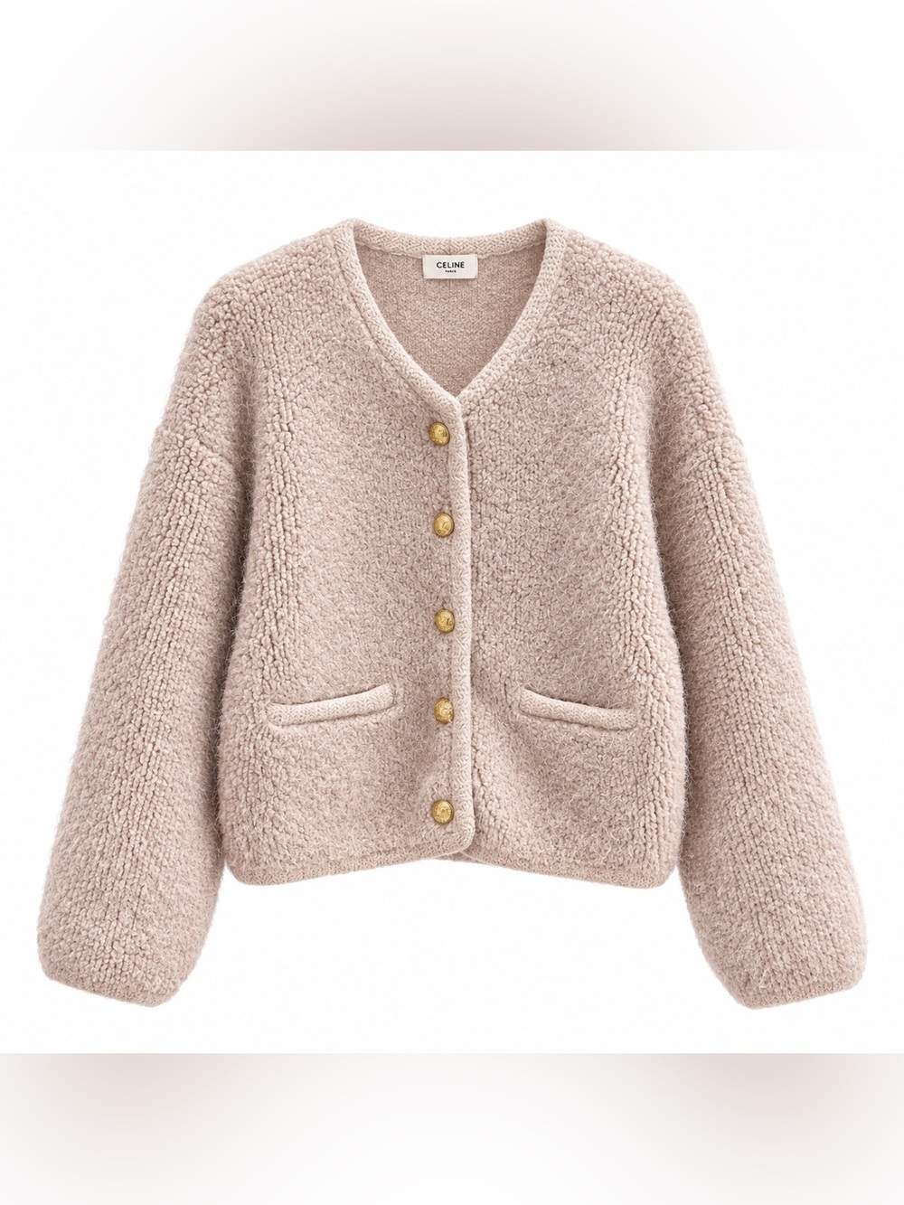 Celine Beige Bouclé Puffer Jacket with Gold Buttons